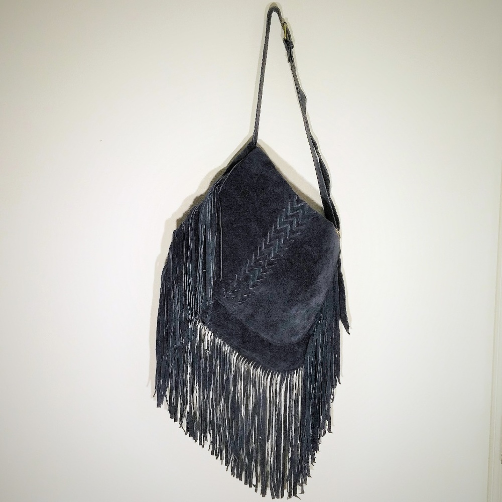Large Navy Fringed Suede Shoulder Bag Boho Style